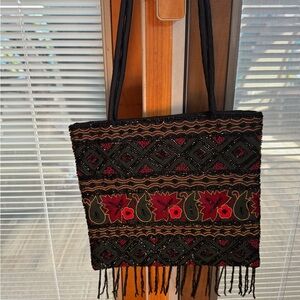 Black and Red Embroidered Shoulder Bag with Fringe